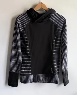 Reebok‎ Womens Striped Running Hoodie Black Grey Scuba Pullover Thumbholes Small thumbnail 1