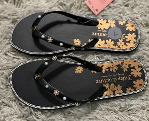 Juicy Couture Black Sandals with Gold Floral Design Size 7 thumbnail 1