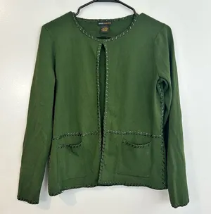 Grace Dane Lewis Green Knit Cardigan w/ Faux Black Leather Trim Frankenstein S thumbnail 1