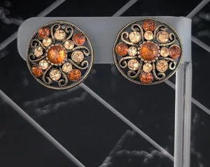 Vintage Clip On Earrings - Dark Bronze Tone with Shades of Orange Gems 7/8" thumbnail 1