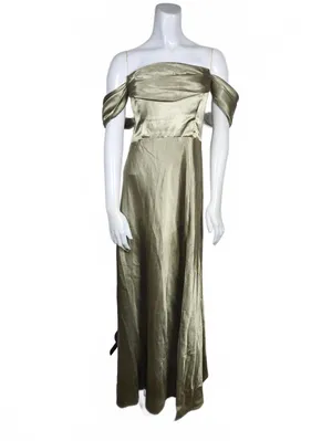 Birdy Grey Mia Moss Green Satin Off-Shoulder Evening Dress with Slit (L) thumbnail 3