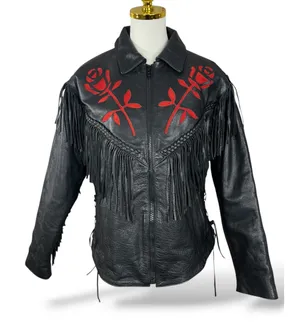 Womens Black Leather Fringe Motorcycle Jacket Red Rose Embroidery Western Size M thumbnail 1