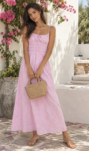 Charlie Holiday Anne Pink Eyelet Cotton Smocked Broderie Maxi Sundress thumbnail 1