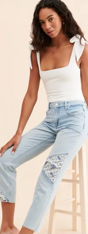 PAIGE Noella Light Blue Patchwork Cropped Raw Hem Jeans Sz 29 🧡🍄 thumbnail 1
