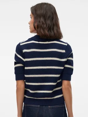 NEW Vero Moda VMamazing Navy & Cream Striped V-Neck Polo crop Sweater women’s XL thumbnail 4