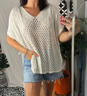 Free People Crochet Knitted V-Neck Poncho Beach Coverup Top White thumbnail 1