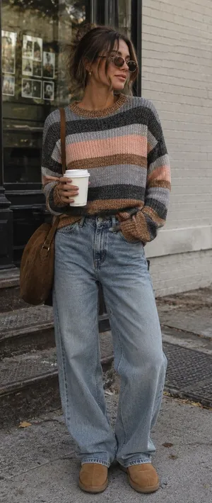C&C California Striped Knit Sweater in Gray, Pink & Brown thumbnail 1
