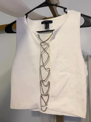 Forever 21 White Sleeveless Crop Top with Silver Chain Lace-Up thumbnail 1