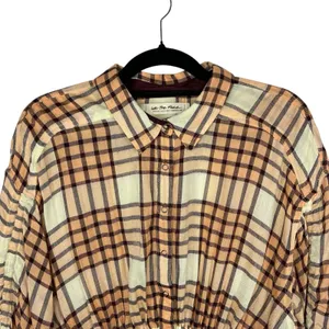 Free People‎ Peach Pacific Dawn Plaid Pull String Sleeve Snap Button Shirt M thumbnail 2