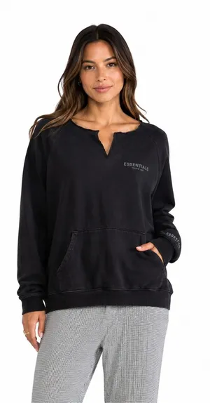 Fear of God -877 Essentials Black Raw Cut Notch Neck Sweatshirt‎ Logo FOG XL thumbnail 1