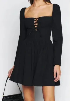 Reformation Johnny Mini Dress Womens 6 Black Square Neck Lace Up Cotton NWT thumbnail 1