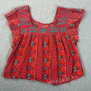 Hollister Red Embroidered Crop Top Women's Small Flutter Sleeve Square Neck Boho thumbnail 1