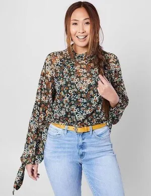 Free People All Dolled Up Mesh Floral Sheer Cropped Front Insert Lining Blouse M thumbnail 1