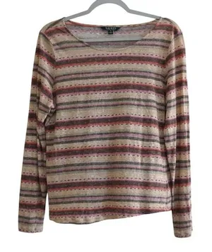 Lauren Ralph Lauren 100% Linen Shirt Striped Long‎ Sleeve Boat Neck Top Western thumbnail 1