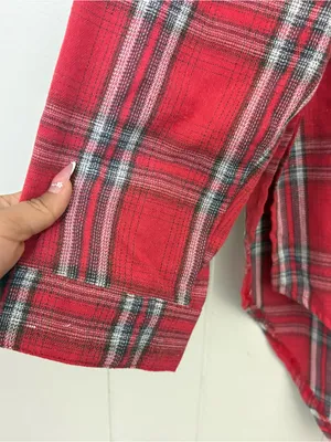 POL Red Plaid Lace Up Tunic Shirt Size L Boho Grunge Flannel Oversized Top thumbnail 6