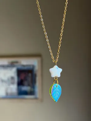 Handmade quality Czech glass star & leaf fairy statement cottage necklace🍃 thumbnail 2
