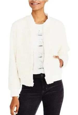 J.Crew Mercantile Fuzzy Sherpa Bomber Jacket Ivory Size Large Casual Cozy thumbnail 1