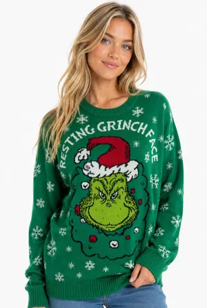 The Grinch Resting Grinch Face Christmas Ugly Sweater Green Medium Dr Seuss thumbnail 1