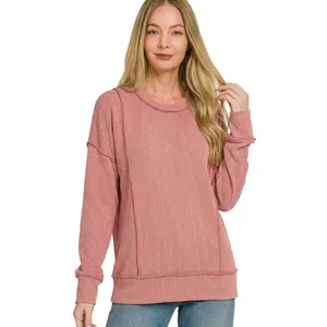 Zenana Corded Rib Long Sleeve‎ Round Neck Top - Winter Rose - Large thumbnail 2