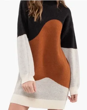 Blu Pepper Sweater Dress Small‎ Knit Long Sleeve Pullover Mock Neck Color Block thumbnail 1