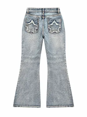 ROMWE Star Patch Flare Jeans Size 2 grunge med wash Distressed Frayed Y2K edgy thumbnail 3