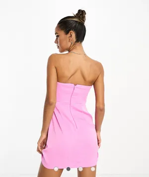 ASOS DESIGN satin bandeau mini dress with gathered waist detail in pink thumbnail 2
