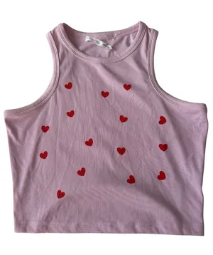 Altar'd State Pink Ribbed Crop Tank Top with an allover red heart pattern. thumbnail 1