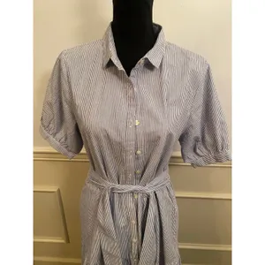 Gingy Tiered Cotton Blue White Striped Seersucker Maxi Shirt Dress Button Front thumbnail 2