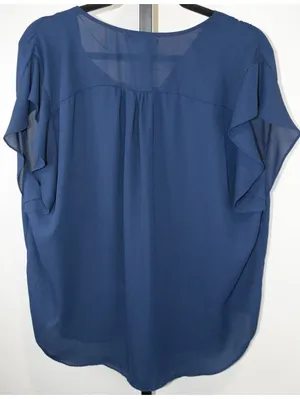 Chaus New York Navy Sheer Chiffon V Neck Blouse Womens XL Cap Sleeve thumbnail 2