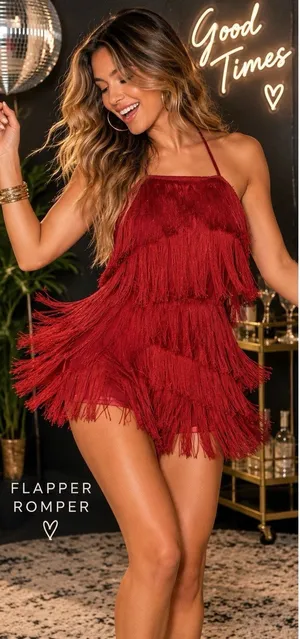 Sexy Red Flapper Fringe Halter Romper 1920s Gatsby Tiered Charleston Cocktail S thumbnail 1