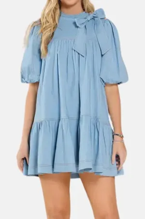 Tcec Light Denim Bow Puff Sleeve Dress thumbnail 1