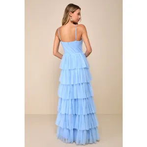 NWT Lulus Rule the Runway Light Blue Tulle Surplice Tiered Maxi Dress Gala Sz M thumbnail 3