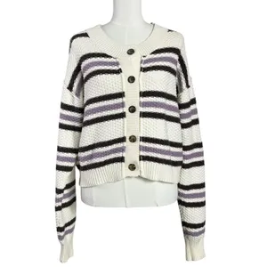 Free People Lila Stripe Cardi Cardigan Sweater in Lavender Ivory Combo Large thumbnail 5