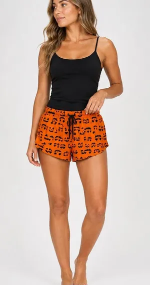 Pillow Talk Halloween Pajama Shorts Womens Medium Orange Jack-O-Lantern Pumpkin thumbnail 1
