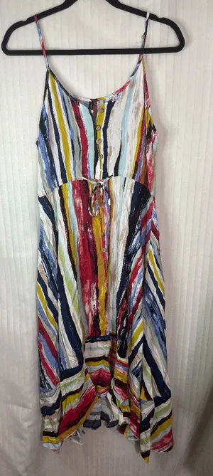 M CAVE Women's Medium Colorful Stripe Midi Dress Sleeveless Button Front Tie thumbnail 1