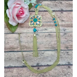 Gold Tone Multi Chain Long Pendant Necklace Tassel Accent Rhinestones 32" thumbnail 3
