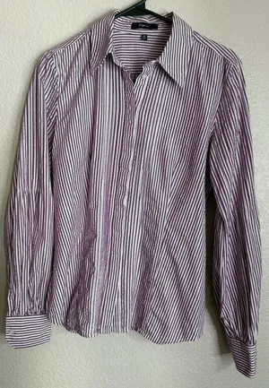Express Womens M Button Down Shirt Purple White Striped Metallic‎ Long Sleeve thumbnail 1