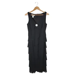 Patra Tiered Ruffle Dress Women 8 Black Rhinestone Brooch Maxi Cocktail Party thumbnail 2