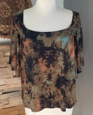 Elegant Tie-Dye soft slinky Blouse in Earthy Tones thumbnail 1