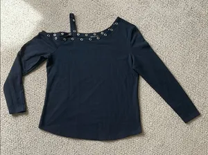 Venus Black Long Sleeve Top with Eyelet Detail thumbnail 1