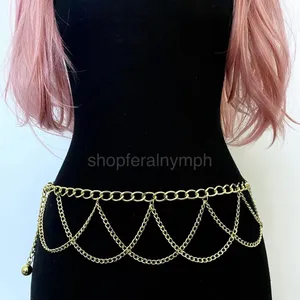 Gold Y2K Cascading Draped Layered Waist Chain Belt, Fits 21-41 Inches, X7GA1360 thumbnail 1
