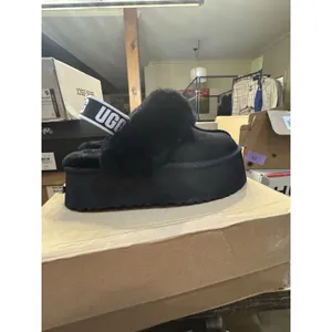 Ugg Funkette Black Suede Sheepskin Strap Platform Women'S Slippers Size 10 thumbnail 5