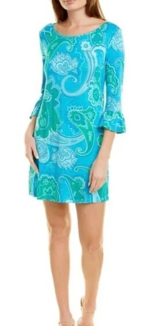Tori Richard Honolulu XXS Blue Green Paisley Tunic Dress Bell Sleeve Stretch thumbnail 1