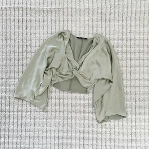 Zara Green Satin Bell Sleeve Crop Blouse with Tie Front thumbnail 3