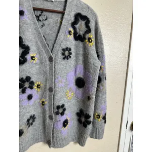 Miu Miu Flower Intarsia Cardigan in Grey Soft Fuzzy Mohair Womans 42/ US 6 thumbnail 5