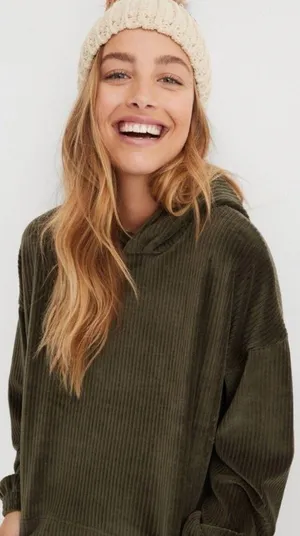 Aerie Groove on Offline Oversized Ribbed Olive Green pullover Sweater Hood M thumbnail 1