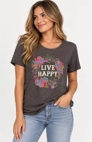 Natural Life 'Live Happy' Floral Grey T-Shirt Cotton Boho Graphic NEW Womens XL thumbnail 1