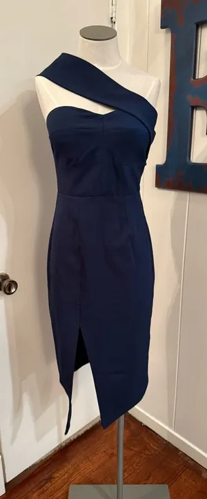 Showpo Navy One-Shoulder Sheath Dress with side Slit Built in Cups Sz 10 M thumbnail 1