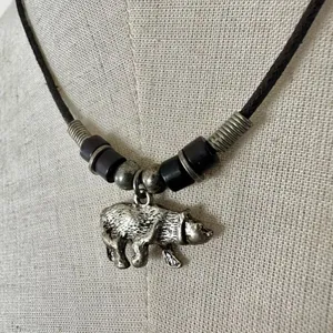 Silver tone bear pendant necklace on black cord thumbnail 2