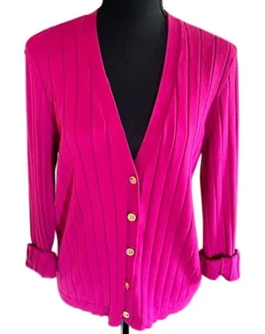 Chaps Hot Pink Ribbed Cardigan Sweater – Size M, Gold Crest Buttons thumbnail 1